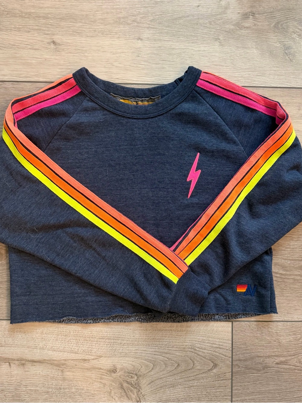 Aviator Nation Navy Sweatshirt with Pink Lightning and Neon Stripes